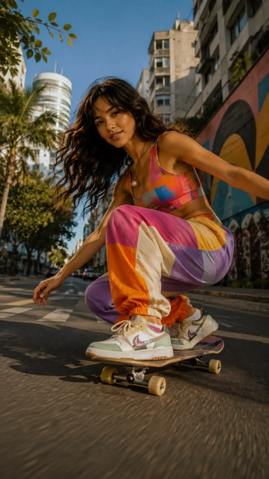Pérola Mares andando de skate em rua urbana