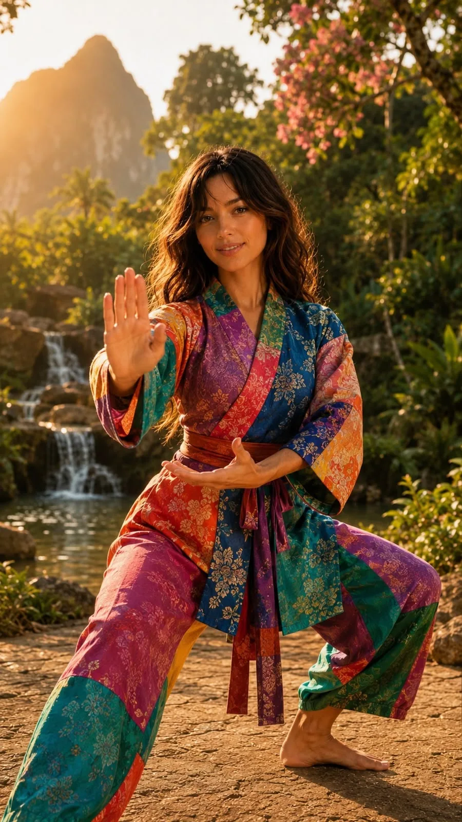 Pérola Mares praticando Tai Chi em jardim com cachoeira